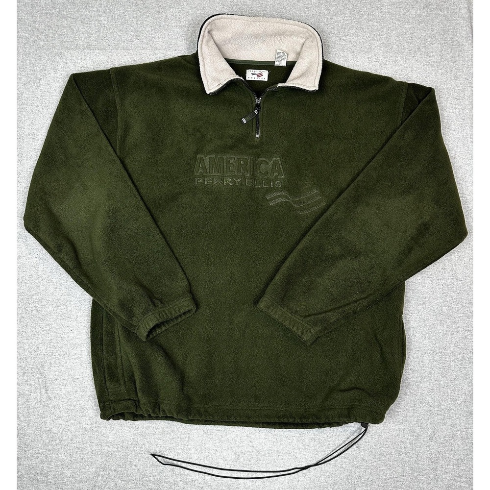 Vintage‎ Perry Ellis America Mens 2XL Green Fleece Quarter Zip Pullover 90s